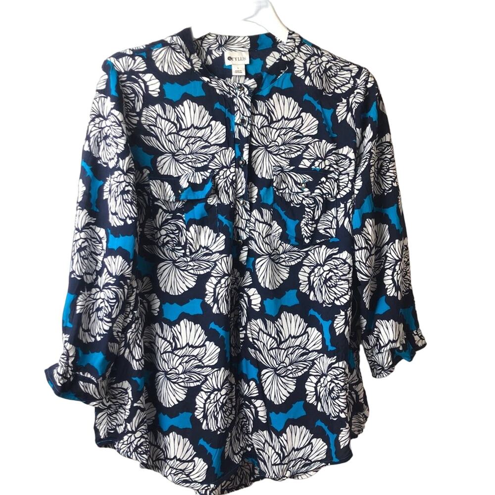 Stylus Womens High Low Printed 3/4 Sleeve Blouse Sz L